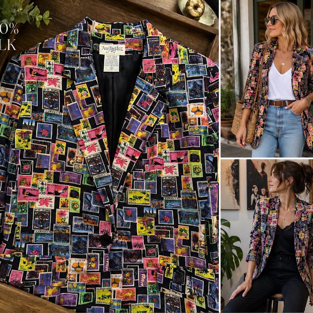 Vintage Silk Stamp Print Blazer Artsy Novelty Jacket 90s M